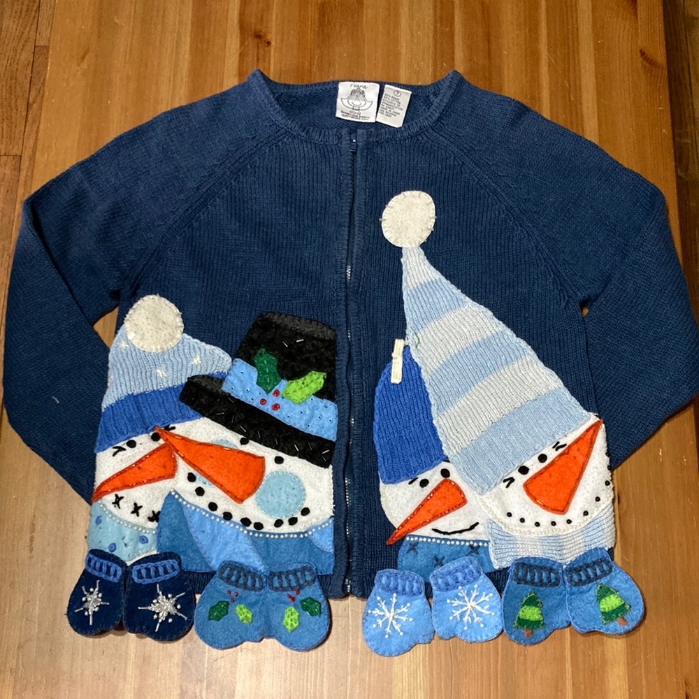 Tiara Vintage Applique Snowmen Blue Christmas Holiday zip-up sweater